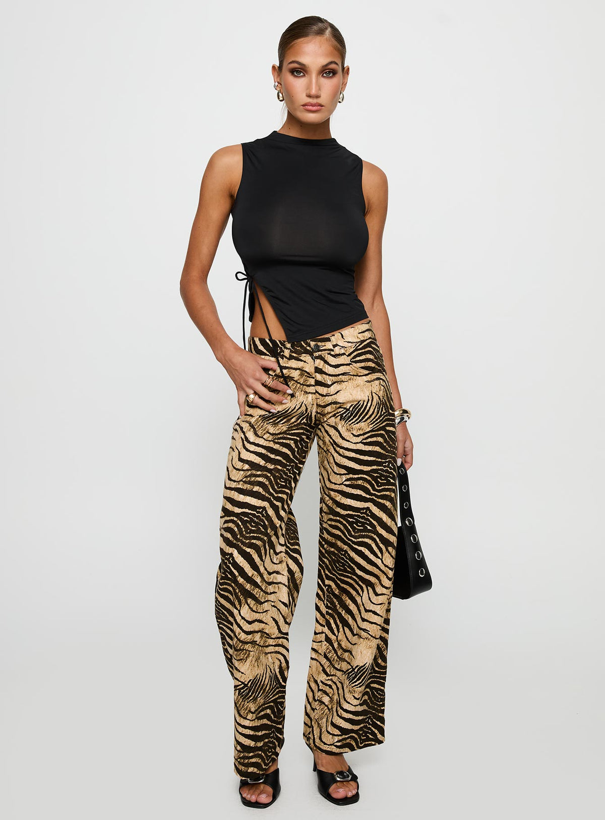 front view of model wearing Princess Polly Low Rise Roomy Pants Multi Low Rise Pants Pants 