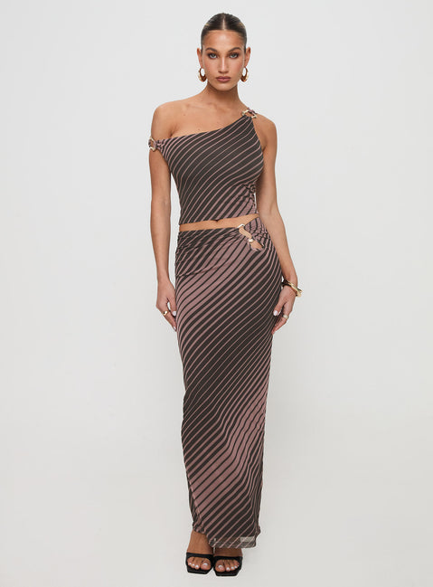   side view of model wearing Princess Polly Whiley Maxi Skirt Multi Stripe Maxi Skirts Skirts 
