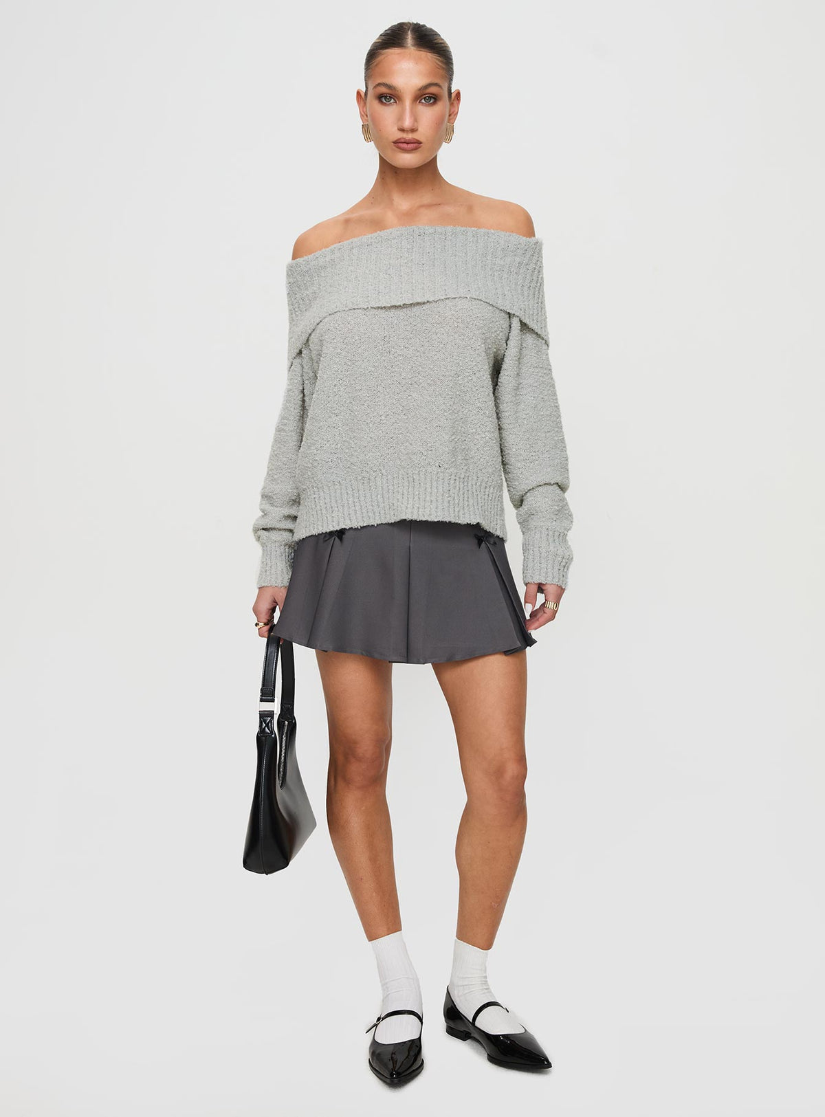 front view of model wearing Princess Polly Parkley Boucle Off The Shoulder Sweater Grey Marle Jumpers 