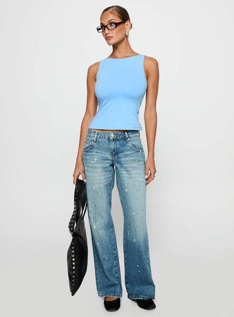 back view of model wearing Princess Polly Lose Your Number High Neck Top Blue Sleeveless Crew Neck 