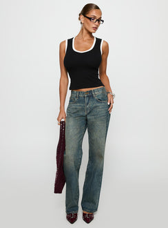 front view of model wearing Princess Polly Start Me Up Top Black / White Sleeveless Scoop Neck 