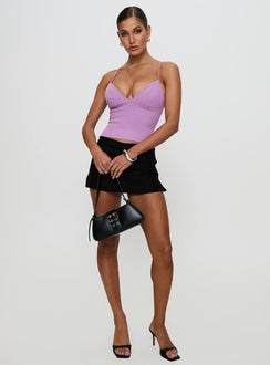front view of model wearing Princess Polly Sculpture Top Lilac Sleeveless Plunger 