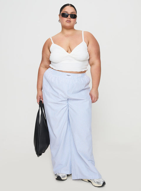 front view of model wearing Princess Polly Beach House Pants Blue Stripe Curve Pants 