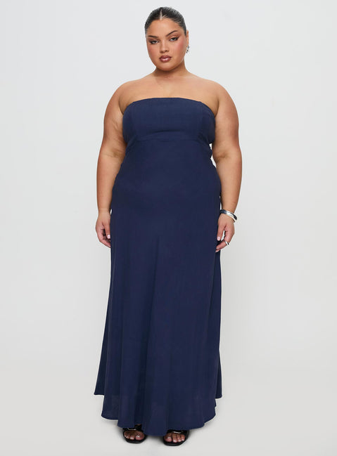 front view of model wearing Princess Polly Yahir Strapless Maxi Dress Navy Curve Straight Neck 