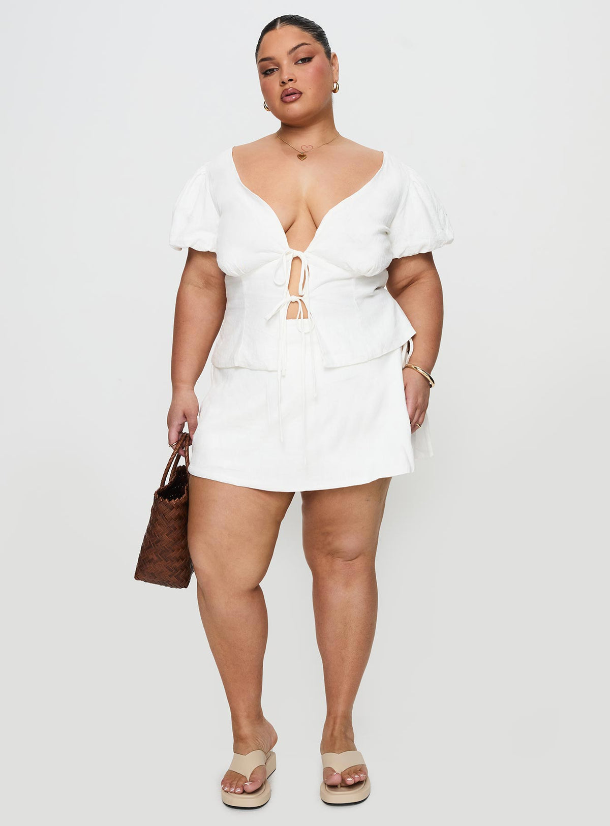 front view of model wearing Princess Polly Wilhelmina Blouse Top White Curve Short Sleeves Plunger 