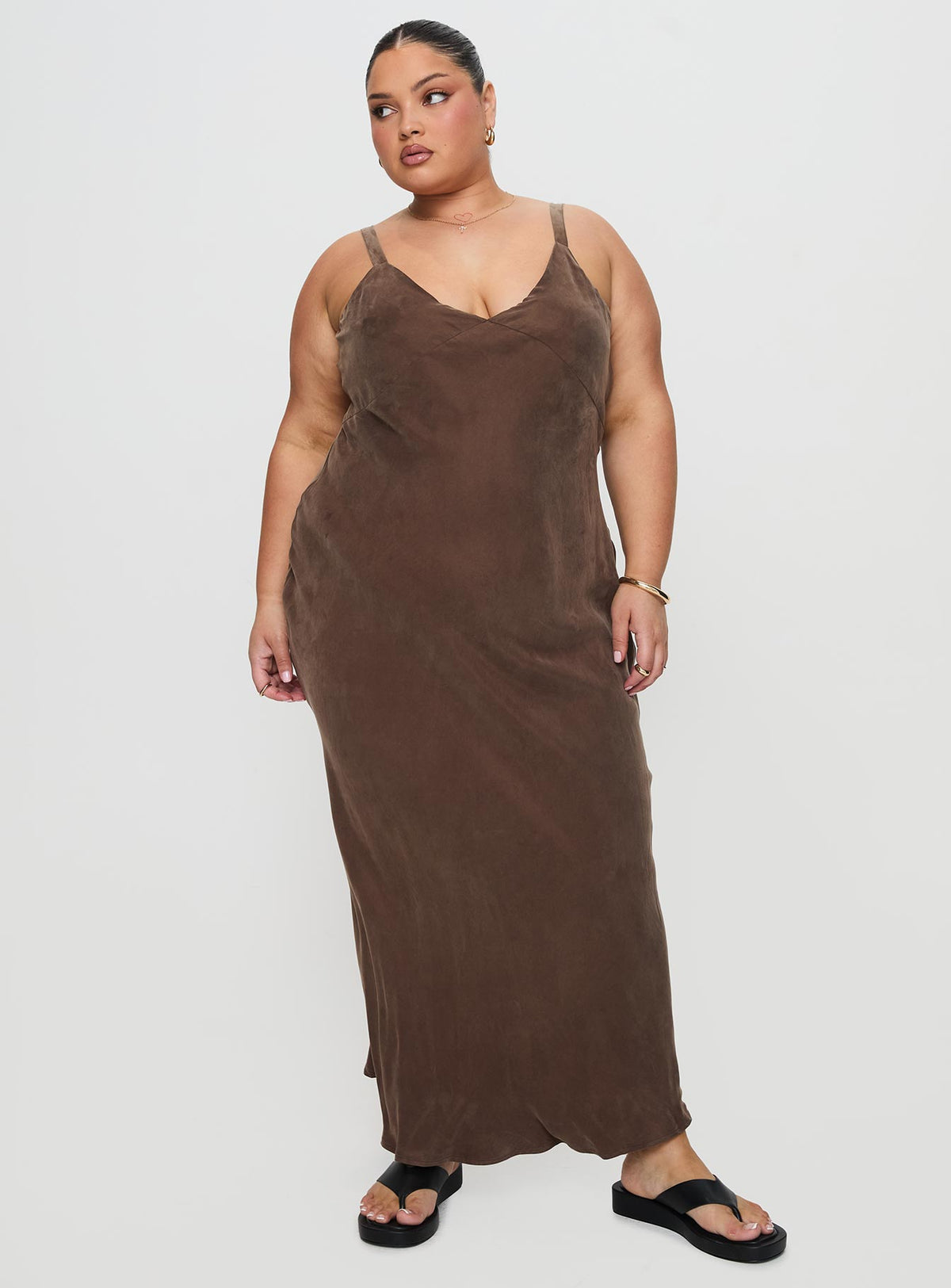 side view of model wearing Princess Polly Laurette Maxi Dress Brown Curve Plunger 