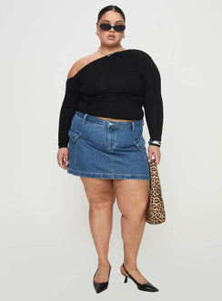   front view of model wearing Princess Polly Zakai Cargo Denim Mini Skirt Mid Blue Curve Mini Skirts Skirts 