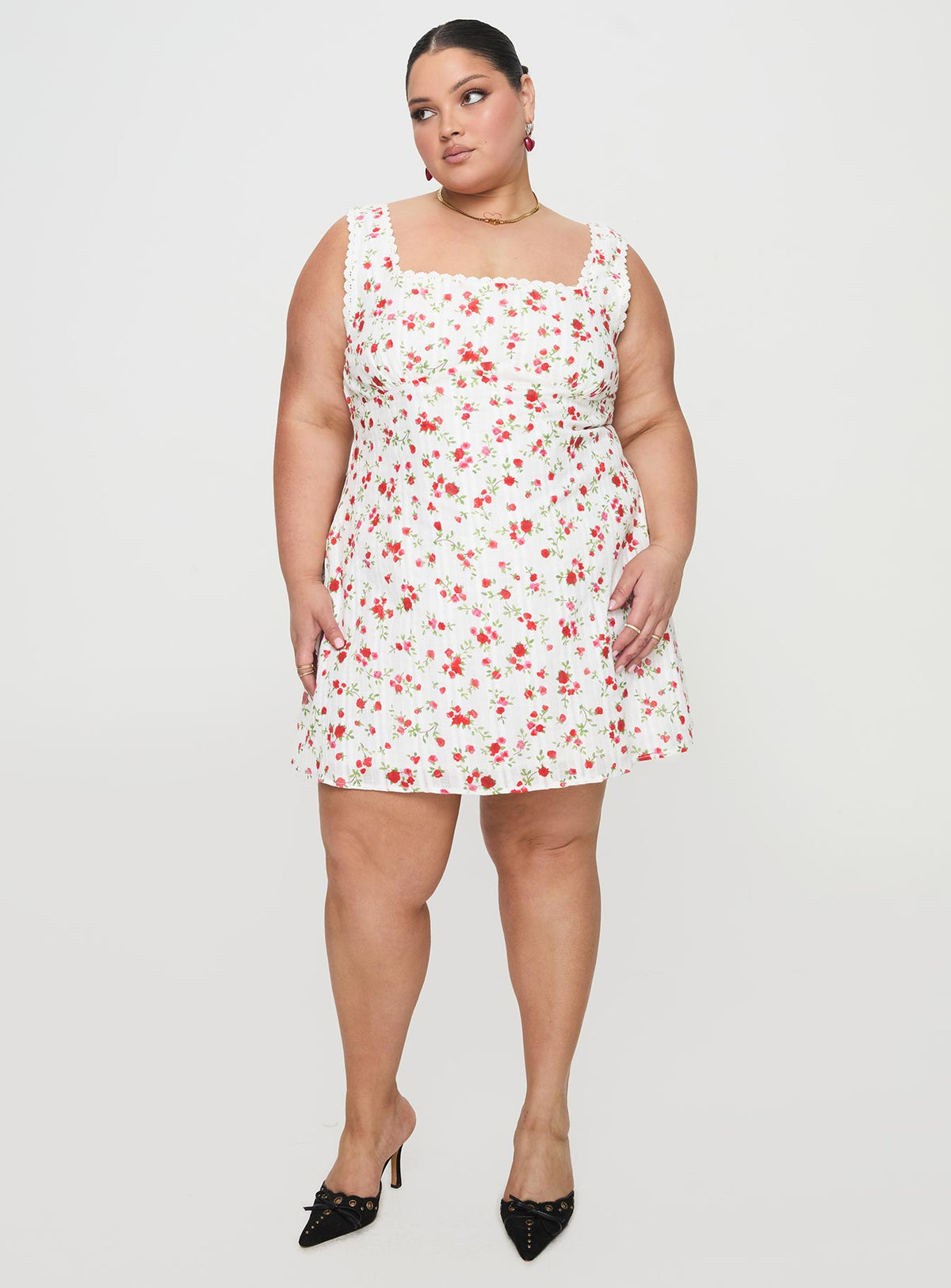 front view of model wearing Princess Polly Dasha Mini Dress White Floral Curve Square Neck 