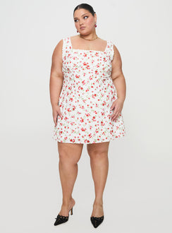 front view of model wearing Princess Polly Dasha Mini Dress White Floral Curve Square Neck 