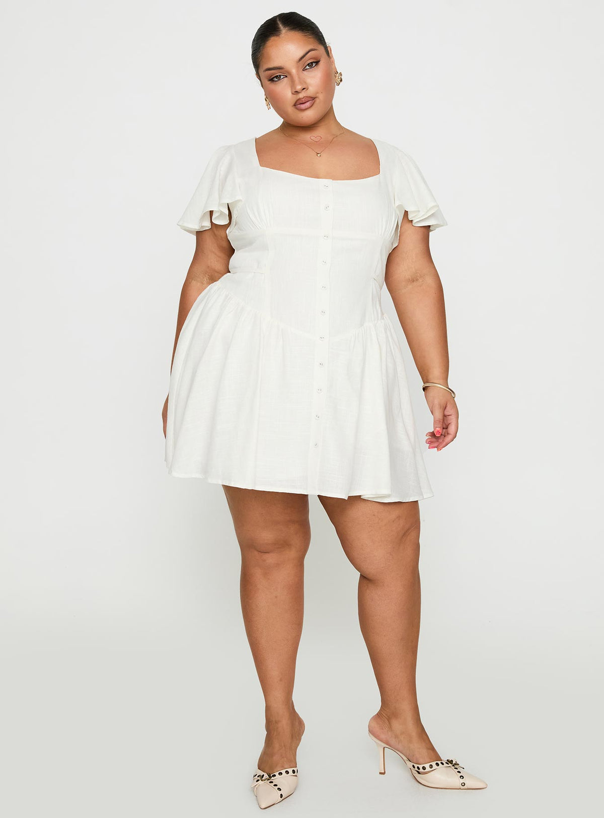 front view of model wearing Princess Polly Forever More Mini Dress White Curve Square Neck 