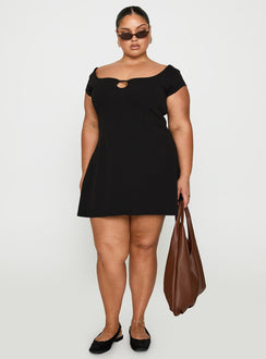 front view of model wearing Princess Polly Sylvette Mini Dress Black Curve Scoop Neck 