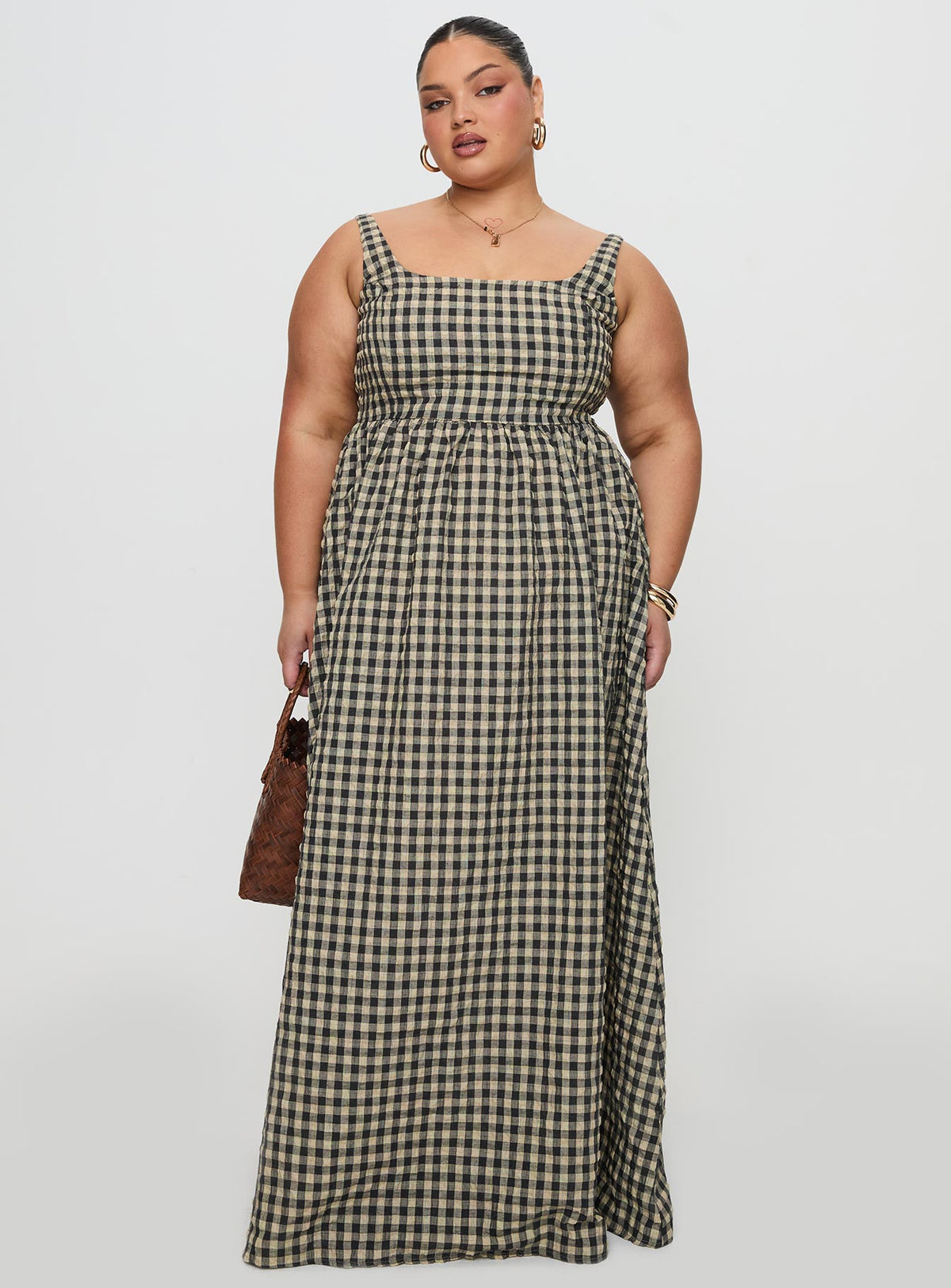 front view of model wearing Princess Polly Cartmel Check Maxi Dress Black / Cream Curve Square Neck 