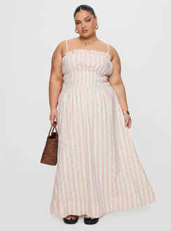 back view of model wearing Princess Polly Persephone Shirring Linen Maxi Dress Pink Stripe Curve Square Neck 