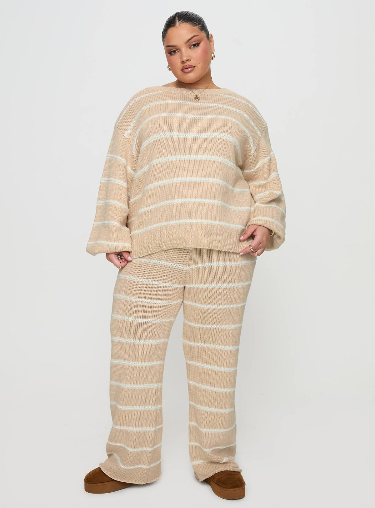 Read Your Mind Knit Pant Cream Stripe High Rise Pants Pants 