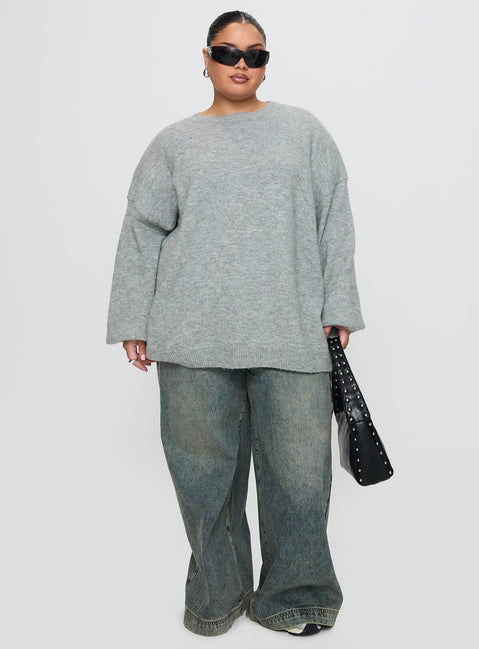 front view of model wearing Princess Polly Ryanna Sweater Grey Curve Longline Jumpers Jumpers 