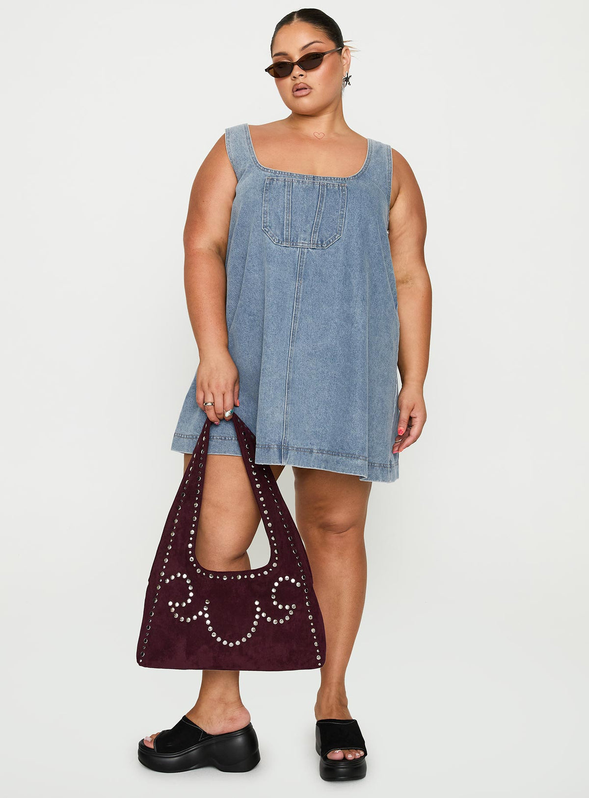 front view of model wearing Princess Polly State Of Mind Mini Dress Blue Denim Curve Scoop Neck 