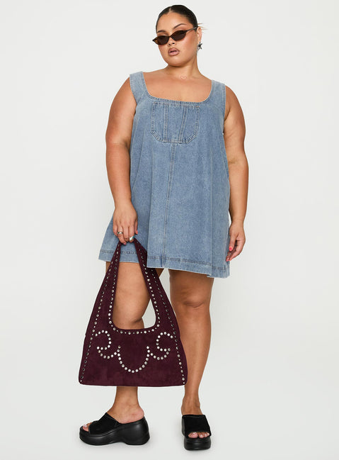 front view of model wearing Princess Polly State Of Mind Mini Dress Blue Denim Curve Scoop Neck 