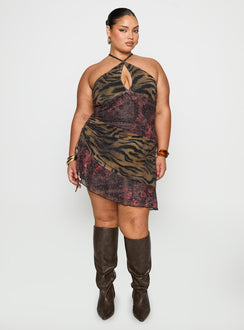 front view of model wearing Princess Polly Syrefena Halter Mini Dress Multi Curve Plunger 