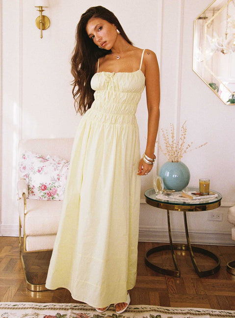 side view of model wearing Princess Polly Loralei Shirred Maxi Dress Yellow Square Neck 