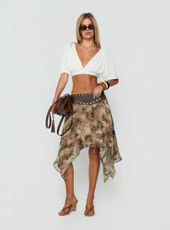 Shop the Dark Mirage Asymmetrical Midi Skirt in Leopard print with relaxed fit and belt detail front view of model wearing Princess Polly