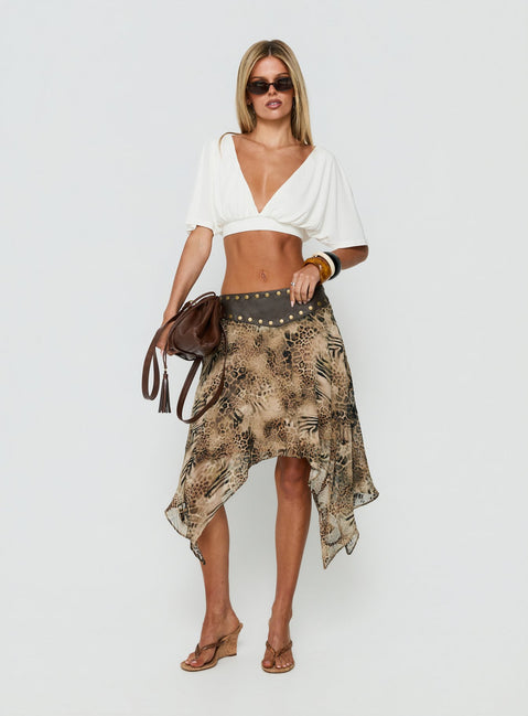 Shop the Dark Mirage Asymmetrical Midi Skirt in Leopard print with relaxed fit and belt detail front view of model wearing Princess Polly