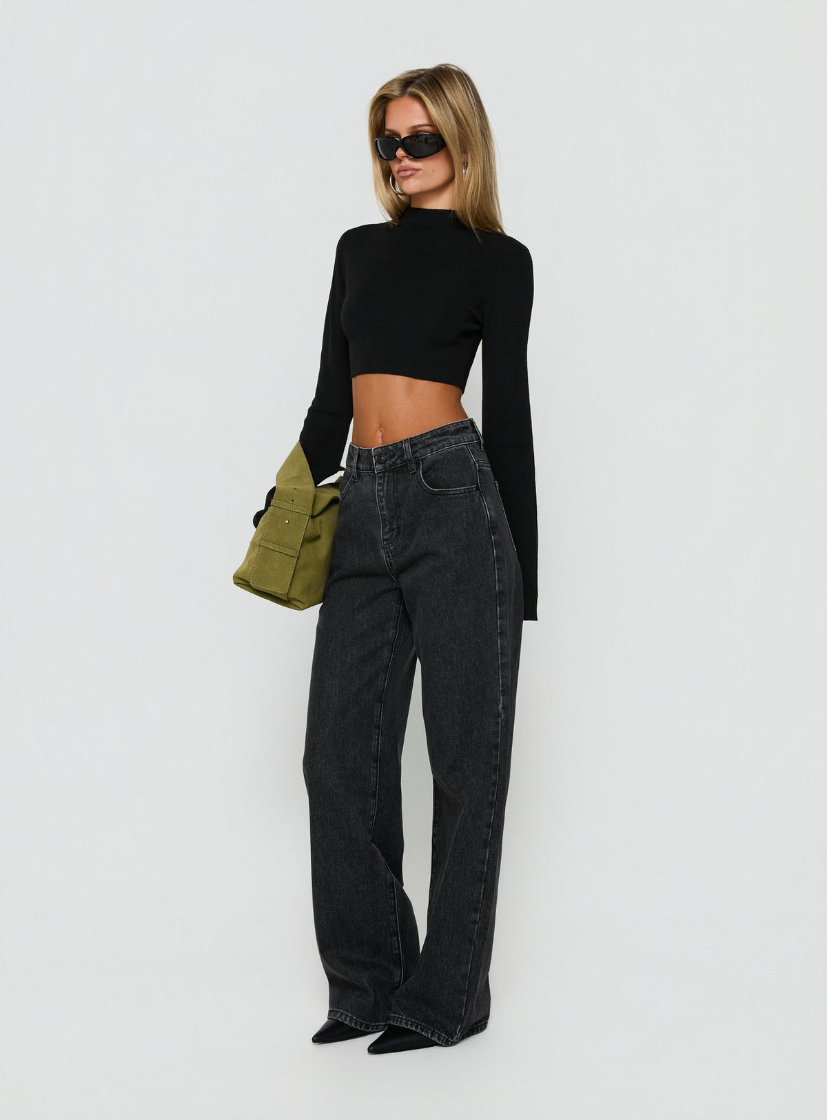 Crafted with Konstanze High Rise Baggy Jeans Washed Black womens-jeans detail view of model wearing Princess Polly
