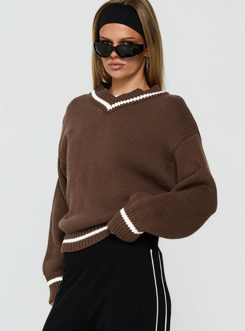 Designed with the Myrandah V Neck Long Sleeve Knit Jumper Chocolate Stripe in womens-jumpers featuring short length and oversized fit detail view of model wearing Princess Polly