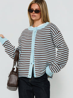 Styled view of the Darnelle Button Up Knit Cardigan Mint Chocolate Stripe womens-jumpers in short length detail view of model wearing Princess Polly