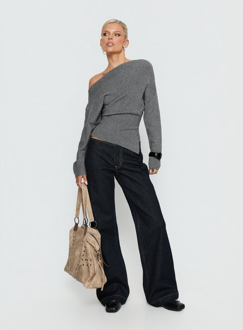 Showcasing the Kaelith Off shoulder Knit Sweater Dark Grey in womens-jumpers with short length front view of model wearing Princess Polly