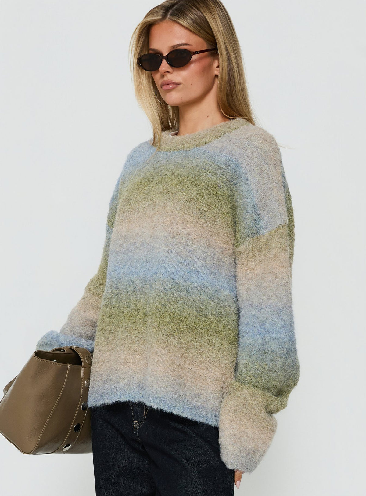 Designed with the Loyalty Knit Jumper Ocean Moss womens-jumpers in oversized short length, striped round neckline side view of model wearing Princess Polly