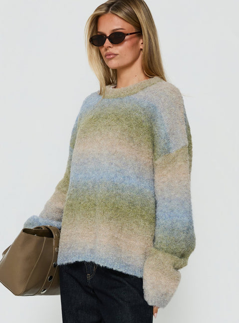 Designed with the Loyalty Knit Jumper Ocean Moss womens-jumpers in oversized short length, striped round neckline side view of model wearing Princess Polly