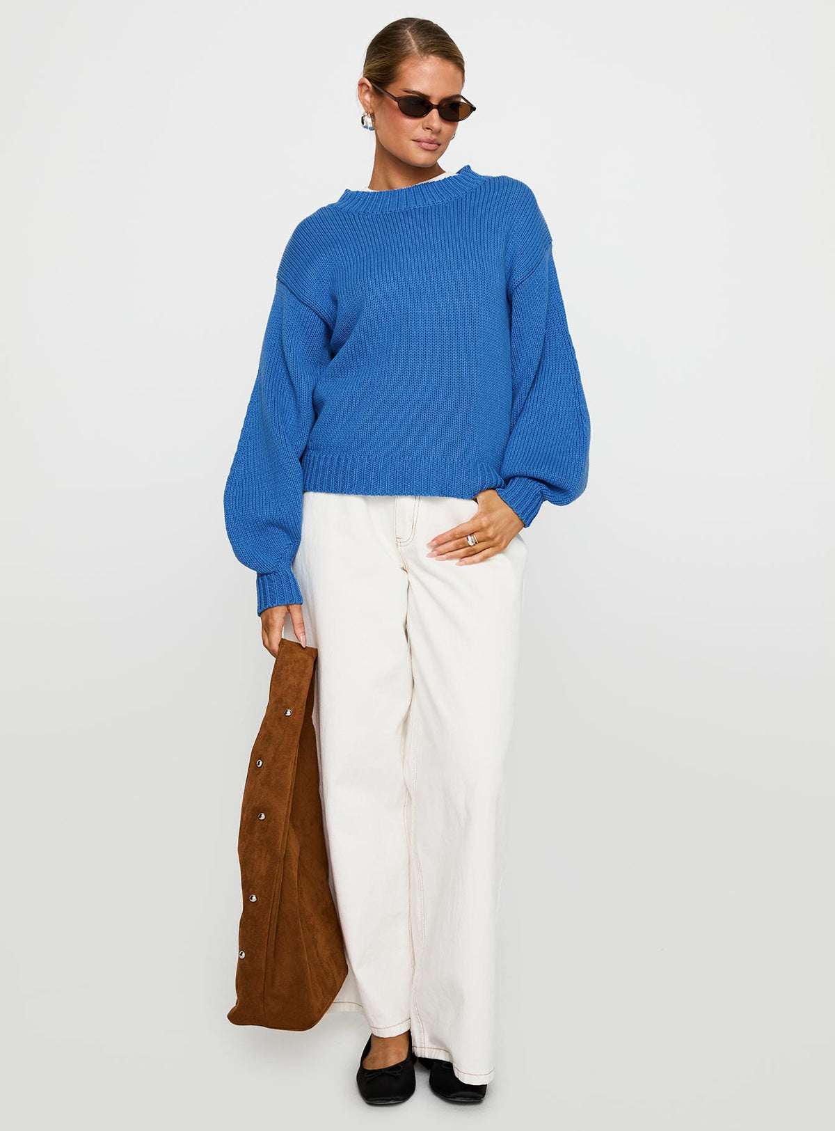 Featuring the Harmony Balloon Sleeve Knit Sweater Blue womens jumpers in short length front view of model wearing Princess Polly
