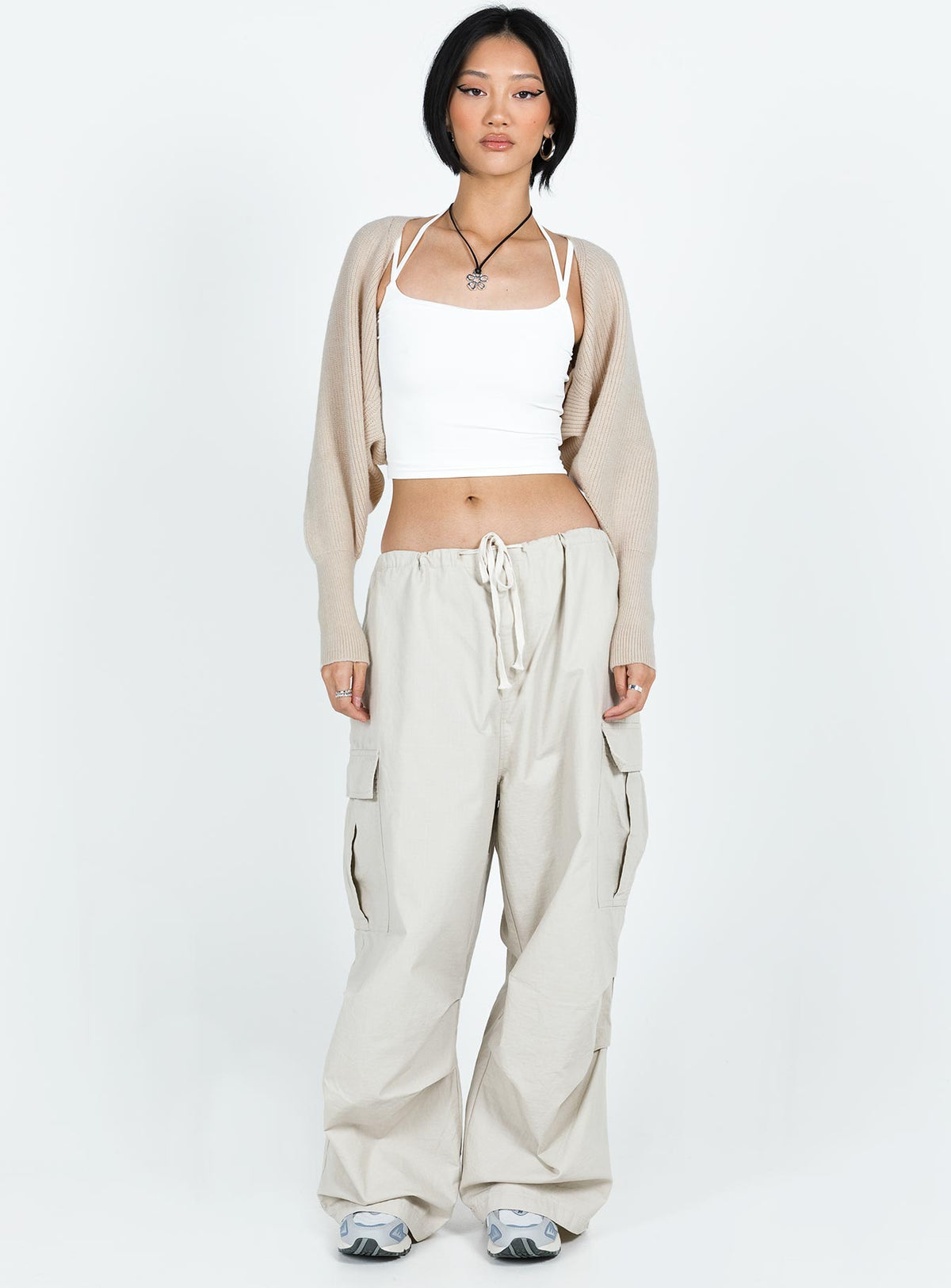 front view of model wearing Princess Polly Aviana Cardigan Beige Marle cropped Jumpers 