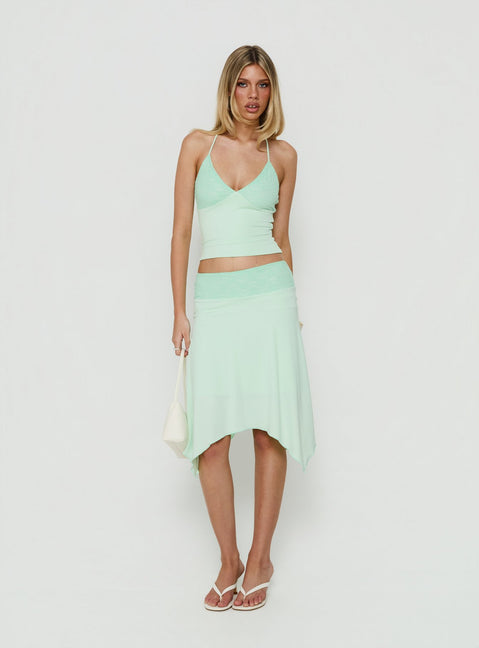 Showcasing the Natabelle Lace Detail Midi Skirt in Mint, a womens-skirts piece with asymmetry and fitted fit Princess Polly