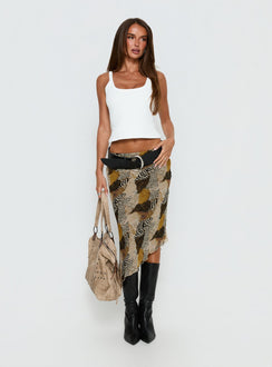 Showcasing the Suella Asymmetrical Midi Skirt Animal Multi in womens skirts with relaxed fit and wrap details front view of model wearing Princess Polly