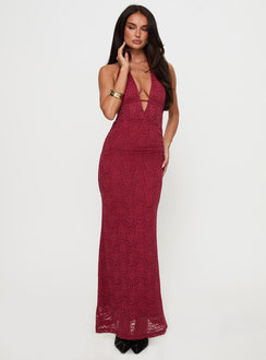 front view of model wearing Princess Polly Karmyn Plunge Maxi Dress Red Plunger 