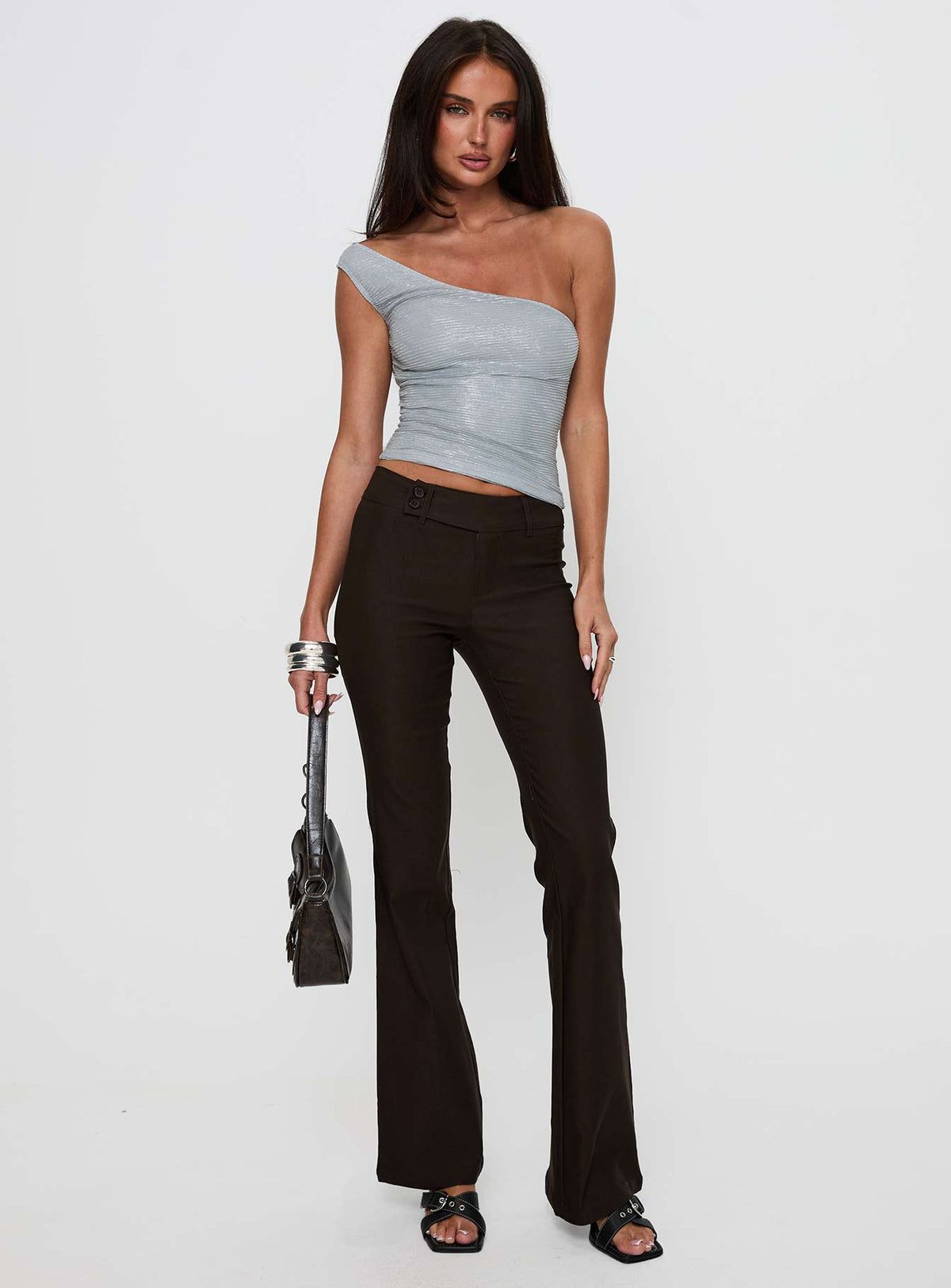 front view of model wearing Princess Polly Kinkirk Flared Pants Chocolate Tall Low Rise Pants Pants 