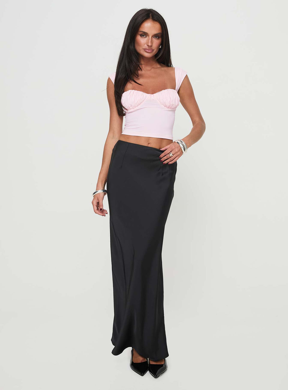   front view of model wearing Princess Polly Joder Maxi Skirt Black Maxi Skirts Skirts 