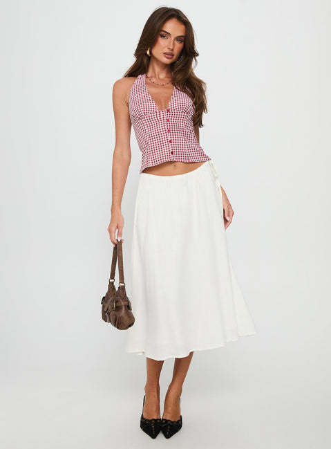   side view of model wearing Princess Polly Persuasion Tie Side Midi Skirt White Midi Skirts Skirts 
