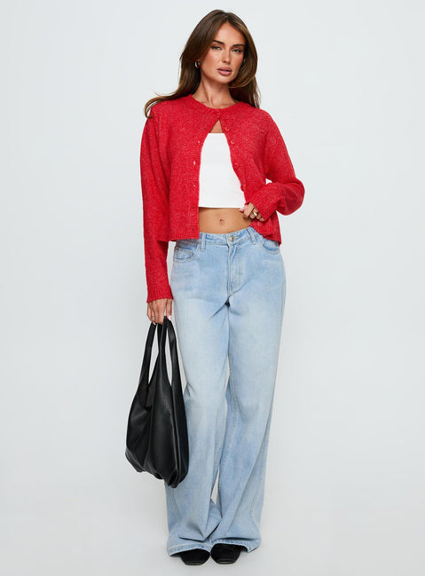 front view of model wearing Princess Polly Denmark Cardigan Red cropped Jumpers 