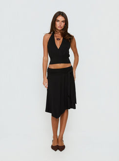   front view of model wearing Princess Polly Soft Focus Tie Waist Midi Skirt Black Midi Skirts Skirts 