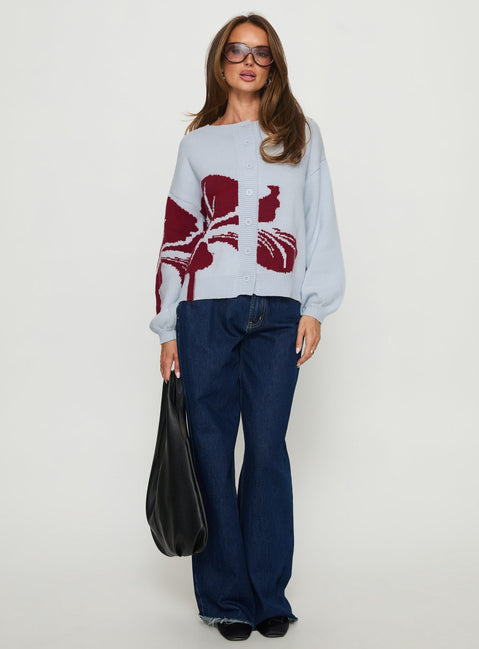 front view of model wearing Princess Polly Jalenn Floral Knit Cardigan Blue / Red Cropped Jumpers Jumpers 