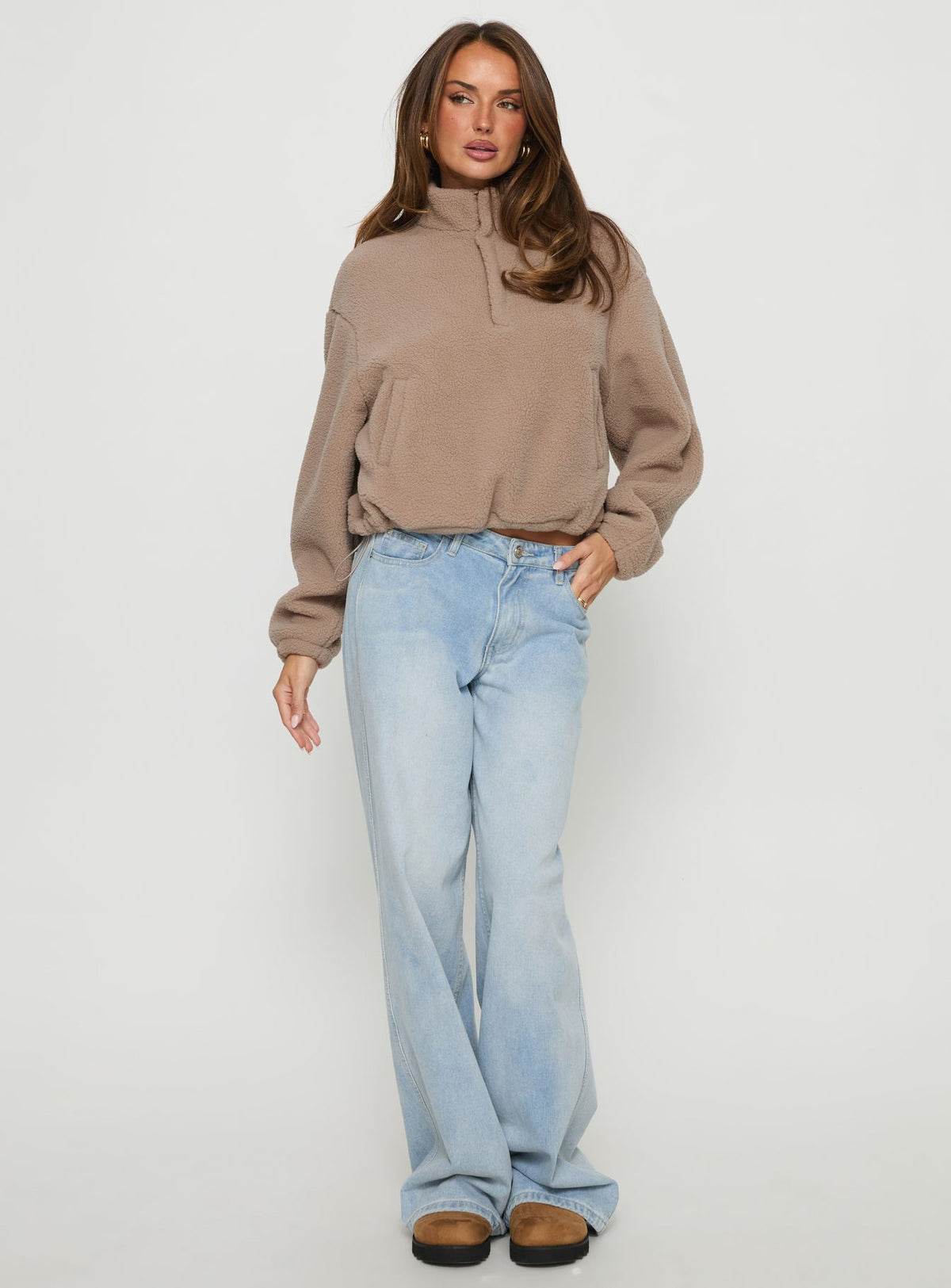 front view of model wearing Princess Polly Icy Days Fleece Quarter Zip Jumper Light Brown Cropped Jumpers Jumpers 