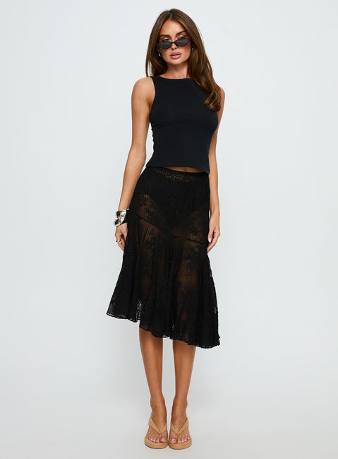   front view of model wearing Princess Polly Mellissa Sheer Textured Midi Skirt Black 