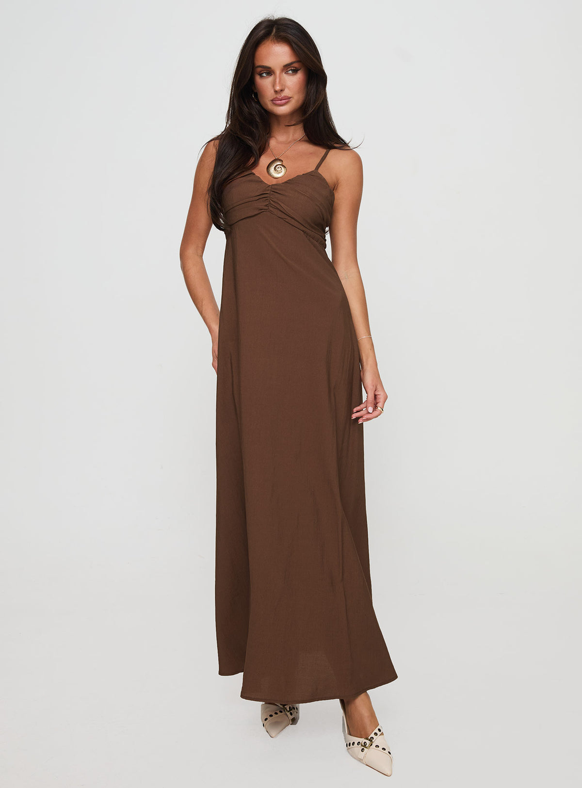 front view of model wearing Princess Polly Neeka Maxi Dress Brown V-Neck 