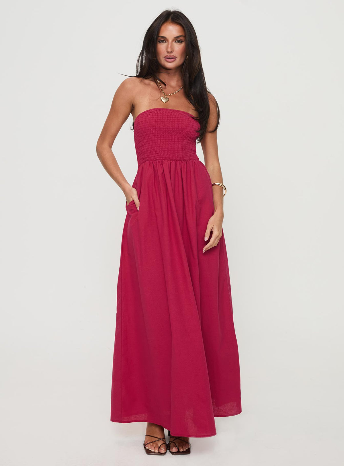 front view of model wearing Princess Polly Dayona Strapless Maxi Dress Red Straight Neck 