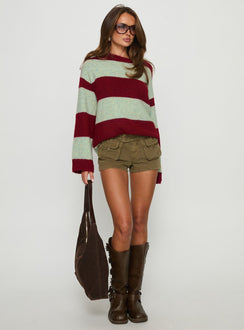 back view of model wearing Princess Polly Nesha Fluffy Knit Sweater Red / Blue Stripe Jumpers 