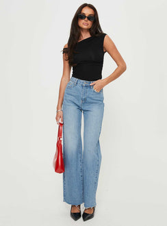 front view of model wearing Princess Polly Henesey High Rise Straight Leg Jeans Mid Wash Tall High Rise Jeans Jeans 