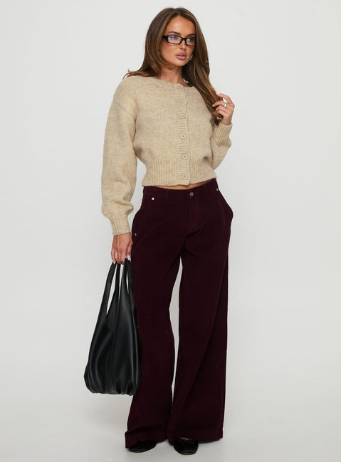 side view of model wearing Princess Polly Jacynda Low Waist Wide Leg Corduroy Jeans Currant Mid Rise Jeans Jeans 