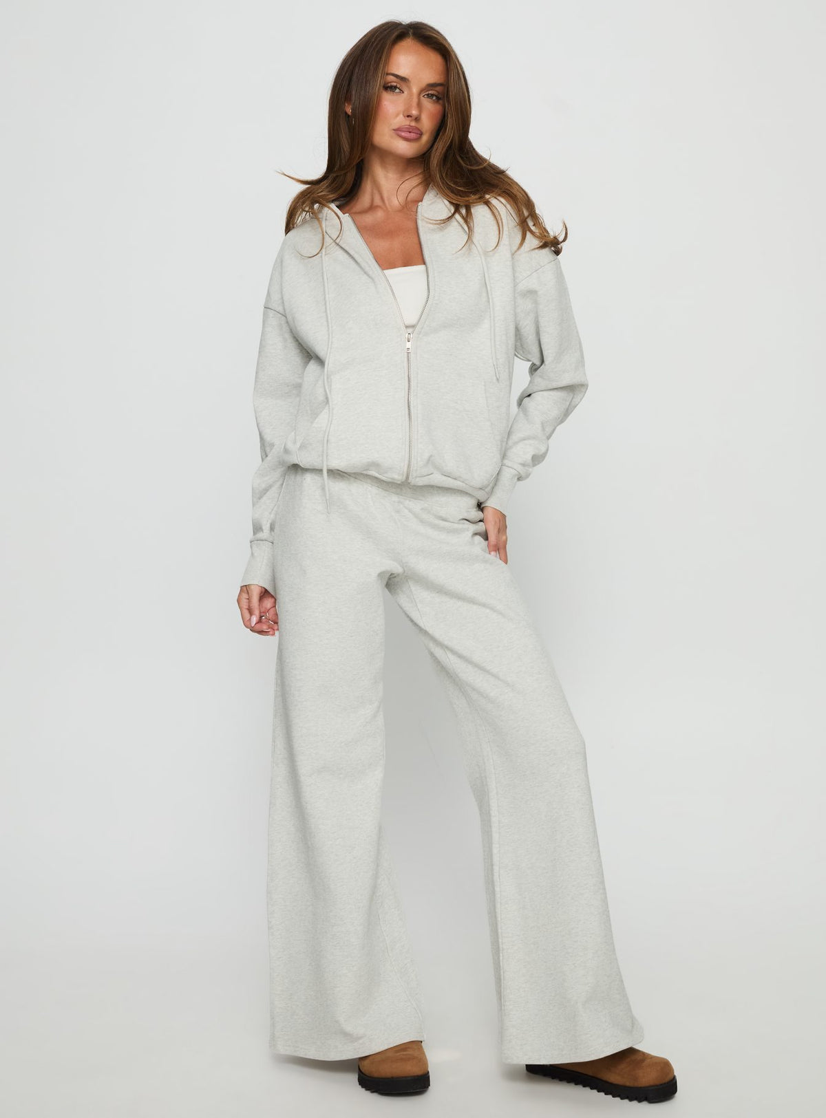front view of model wearing Princess Polly All Day Oversized Hoodie Grey Marle cropped Jumpers 